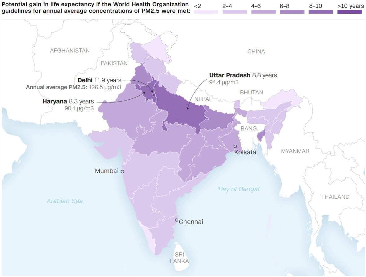 India Pollution Life Expectancy Map