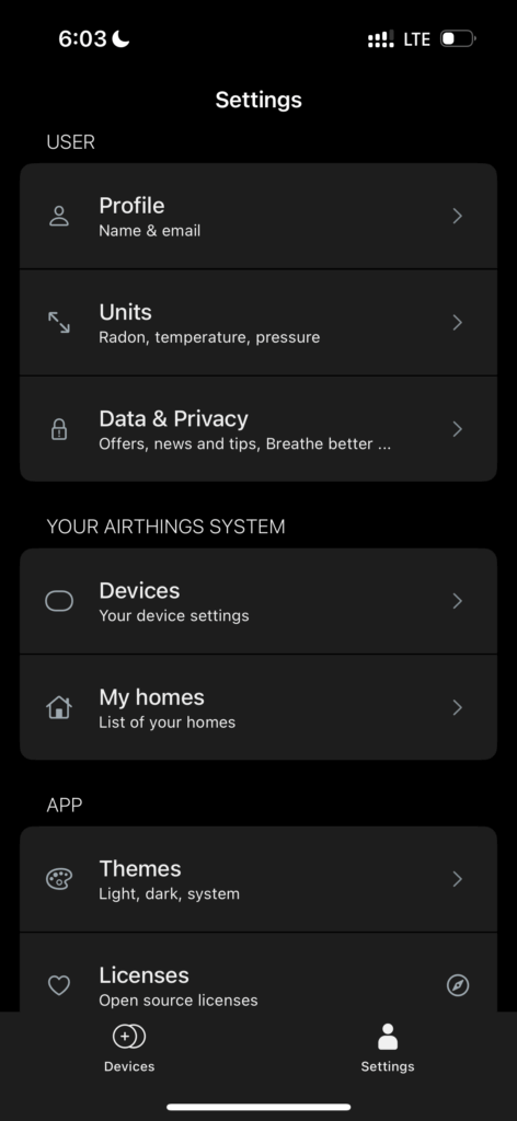Airthings App settings