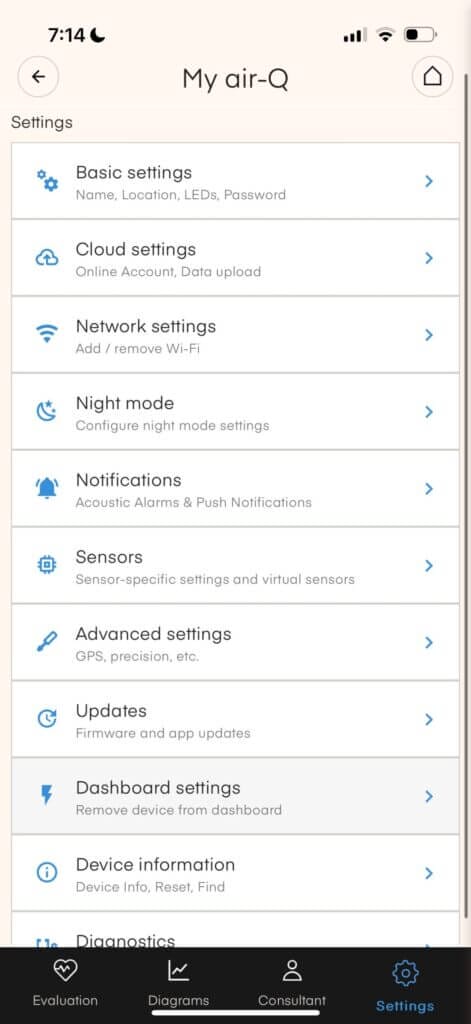 Air Q Settings Menu 1